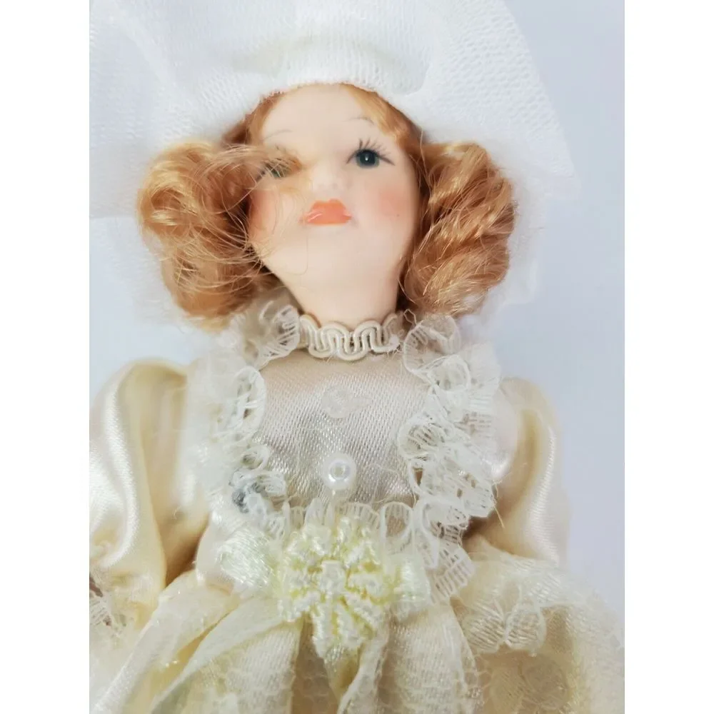 Vintage Kurt S‎ Adler Miniature Porcelain Doll Ornament Brown Hair Lace Dress